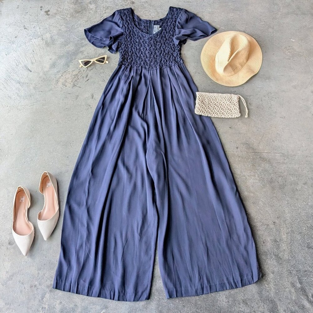Vintage Jeffrey & Dara Navy Blue Smocked Short Sleeve Wide Leg Jumpsuit
